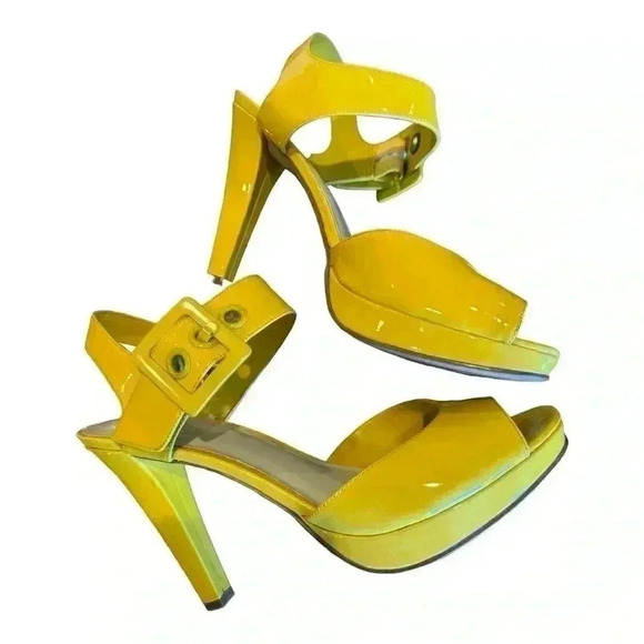 Vintage NINE WEST NW Front Time neon yellow strappy buckle platform size 8 - Picture 6 of 15